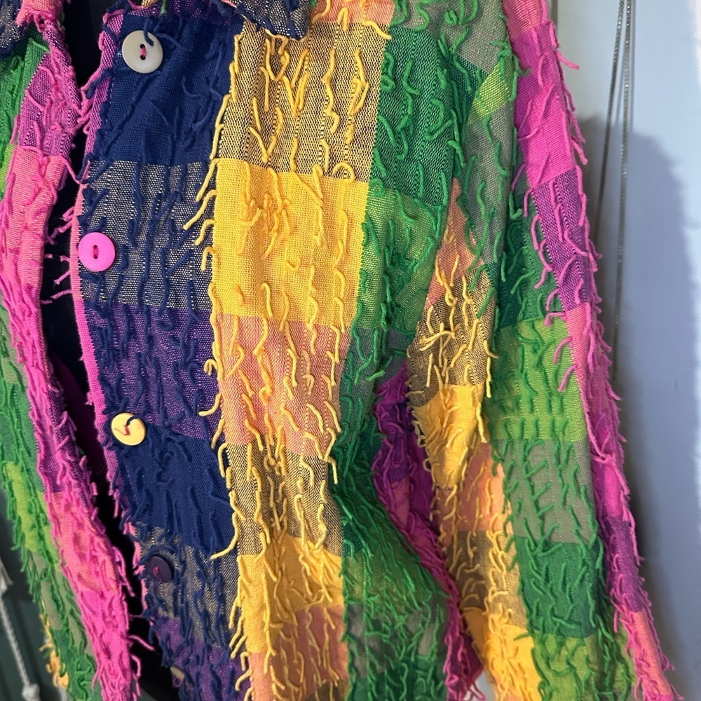 90s Color-block Patchwork Jacket Medium Textured Fringe Cotton Button Up Coat - Picture 4 of 4